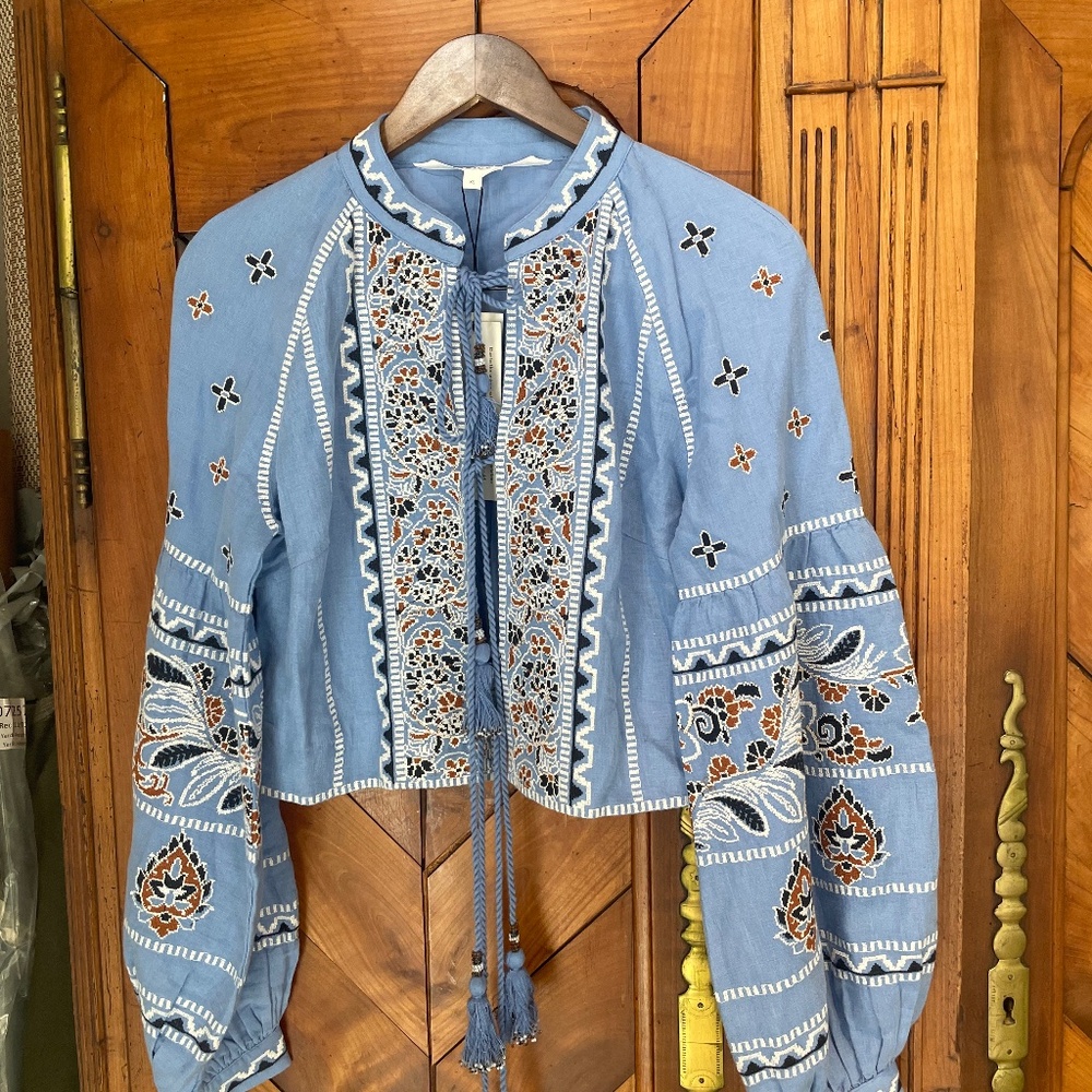 Veronica Beard Rivoli Embroidered Tassel-Tie Cropped Jacket Blue Linen XS